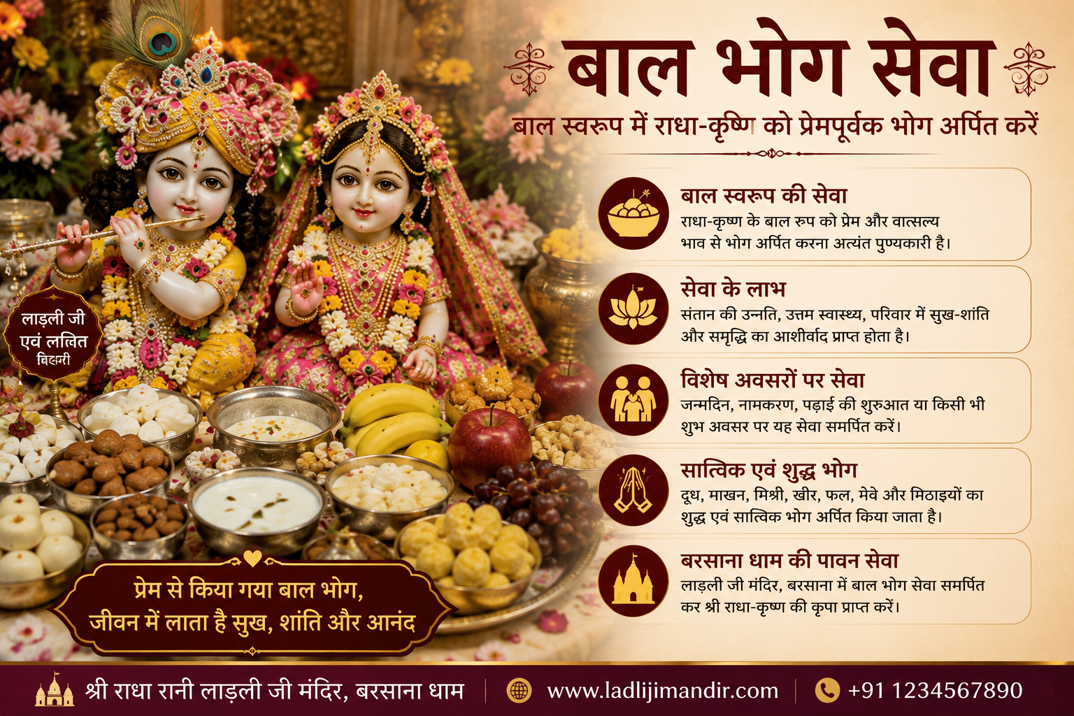 बाल भोग सेवा के दौरान बाल स्वरूप में श्री राधा-कृष्ण को दूध, माखन, मिश्री, खीर और सात्विक भोग अर्पित करते हुए दिव्य दृश्य